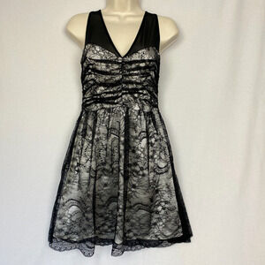 Bebe Dress Womens Small Black Illusion Lace Retro Mini Party Ruched Bustier Sexy